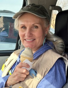 Shelley Carney holding an ice cream cone