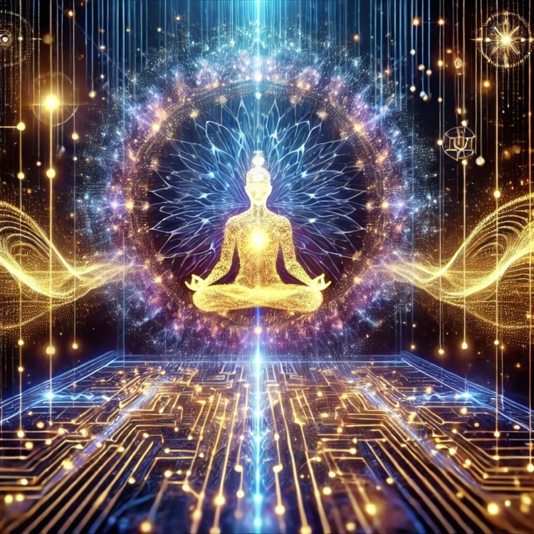 Meditating figure in quantum field