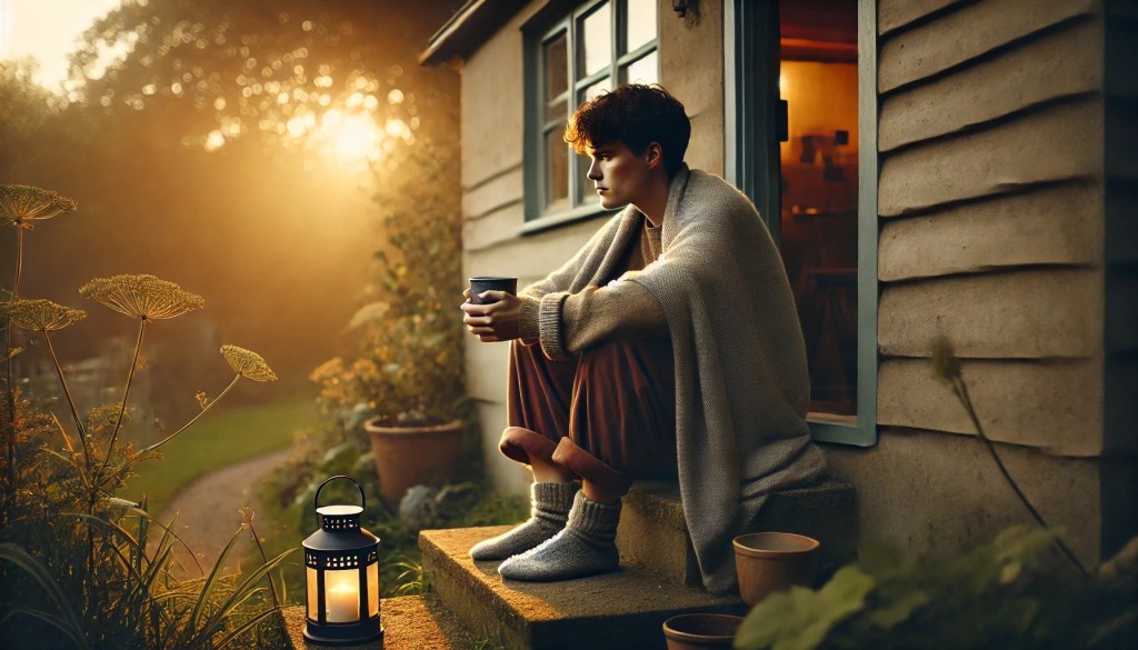 Man sits on his back stoop at sunset drinking coffee