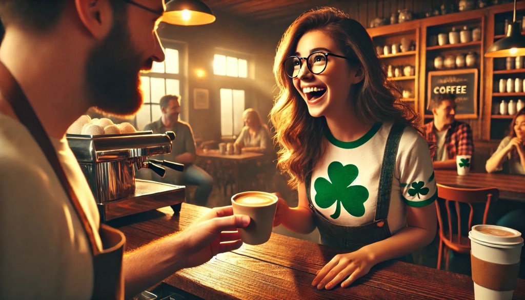 Woman wearing a clover shirt receives coffee