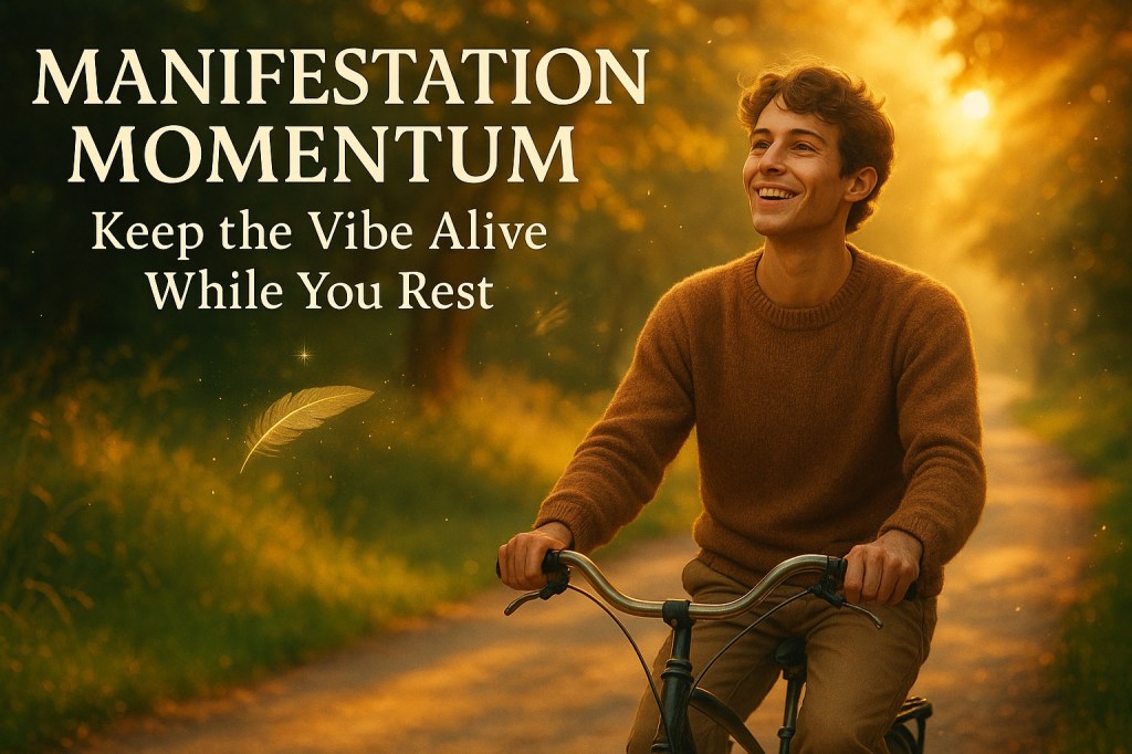 Manifestation Momentum keep the vibe alive while you rest. Man on bicycle smiling as he rides on forest trail