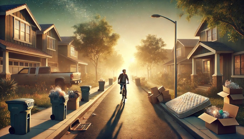 Man rides a bike through a neighborhood on trash day