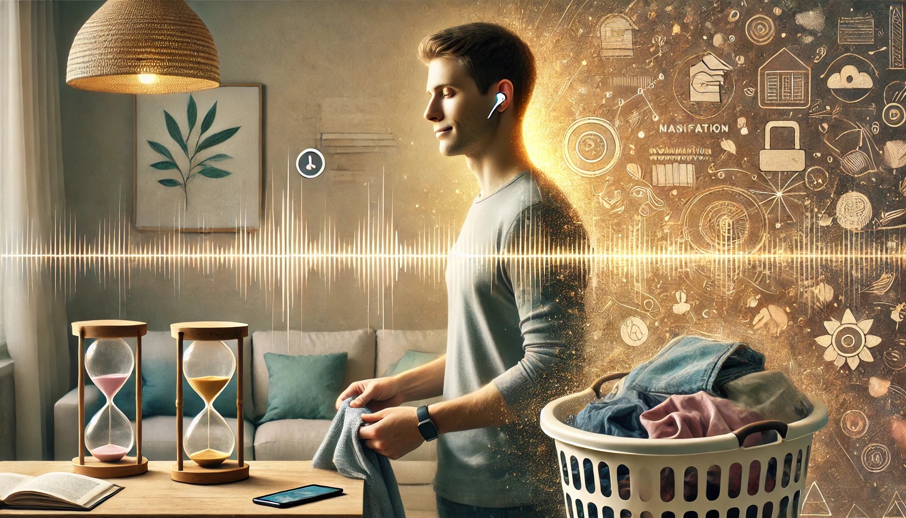 Man folds laundry while listening to a podcast