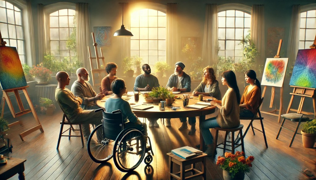 Group of people sit at a round table