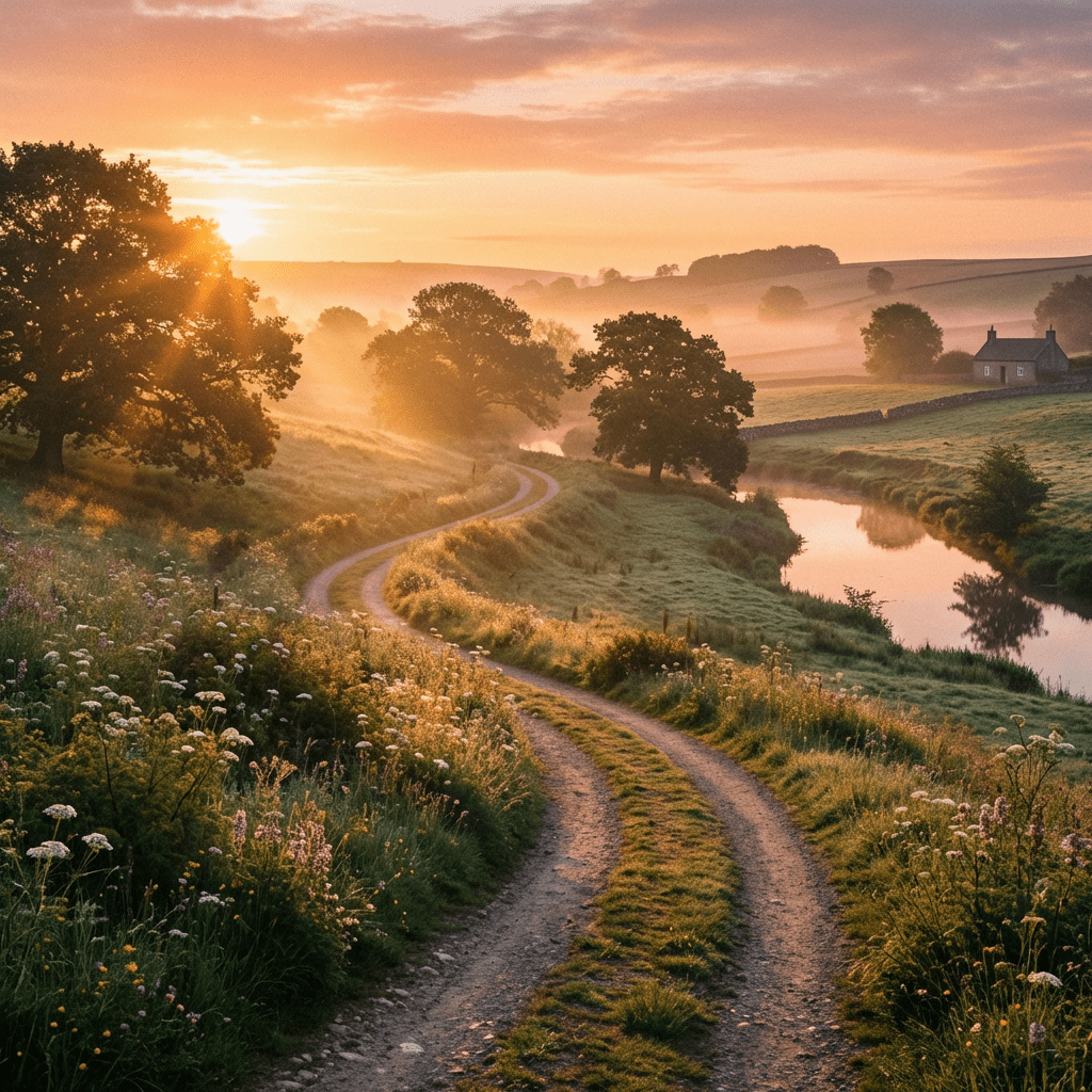Winding dirt path through misty hills and a river at sunrise with wildflowers in foreground.