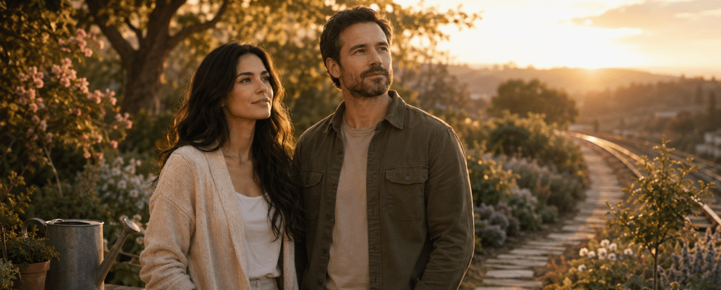 Alicia and Jared standing together in a golden-hour garden with seedlings, a journal, stacked coins, and a path leading into the distance, representing consistency, compounding growth, and the long game of manifestation.