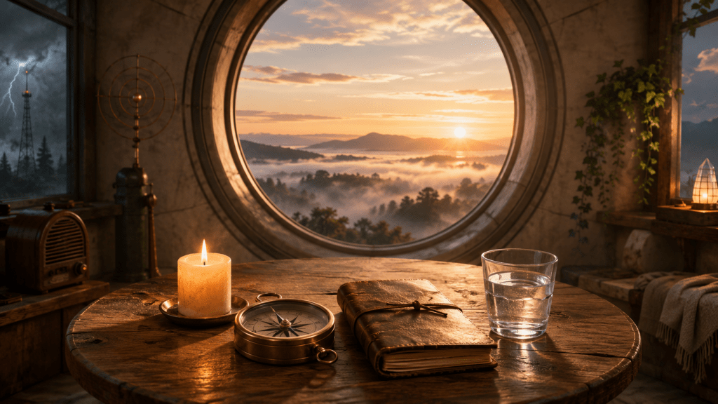 A symbolic circular room with a table holding a candle, compass, journal, and glass of water, representing intuition, discernment, lived experience, and nervous system regulation.