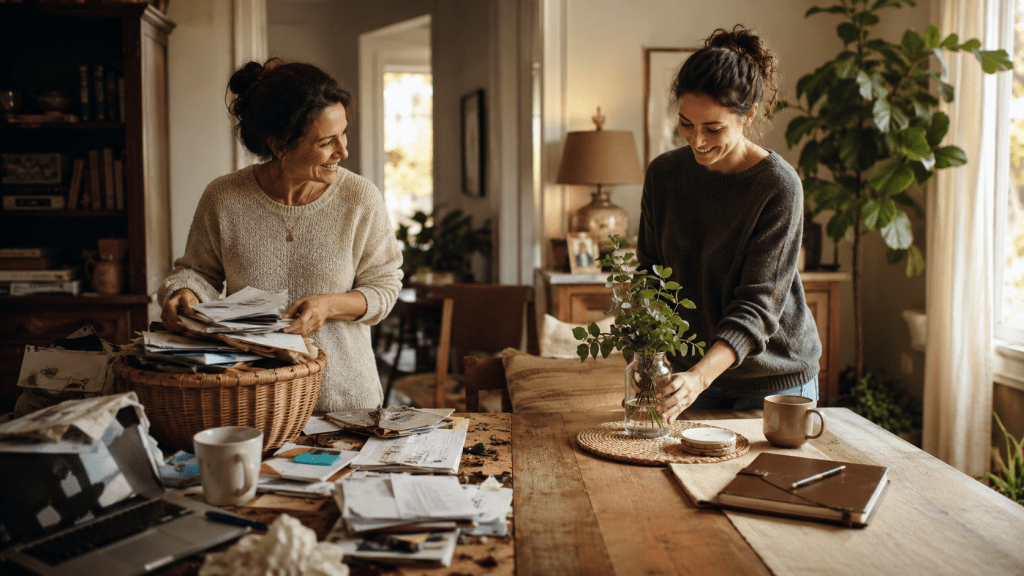 Two women organize a room