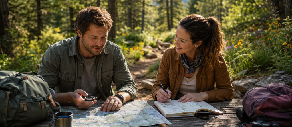 Man and woman outdoors look at map