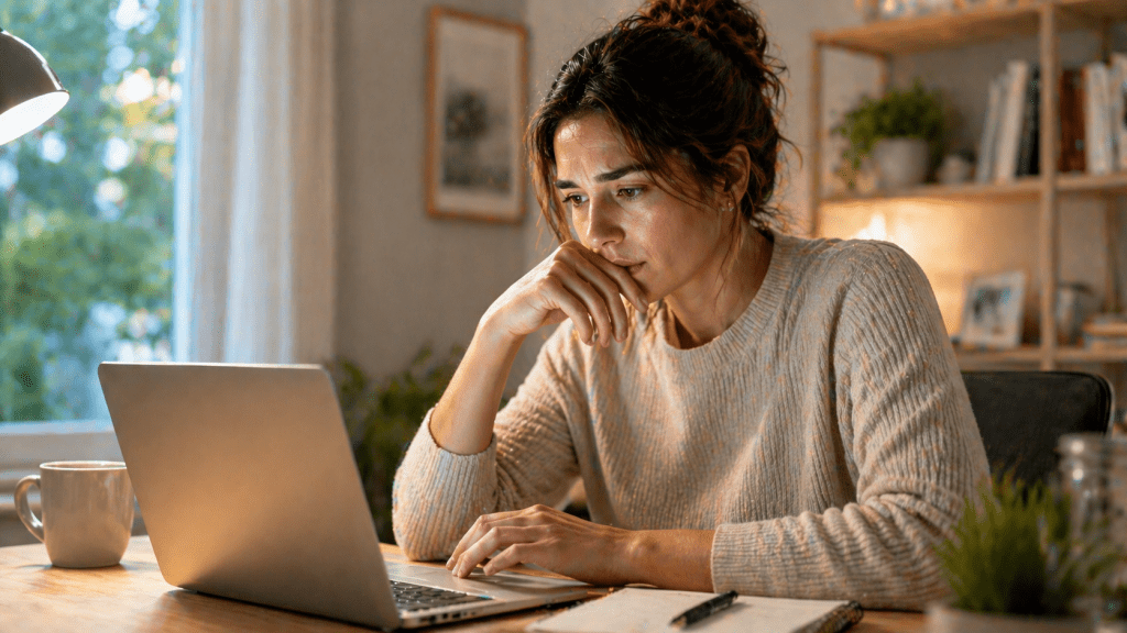 Woman searching for information on laptop computer at desk