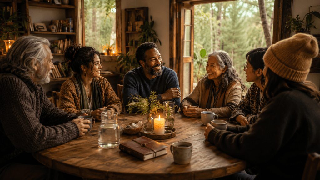 A warm circle of people gathered around a rustic table with candles, journals, and cups of tea, symbolizing meaningful community, mutual benefit, and the support we need to manifest a less lonely life.