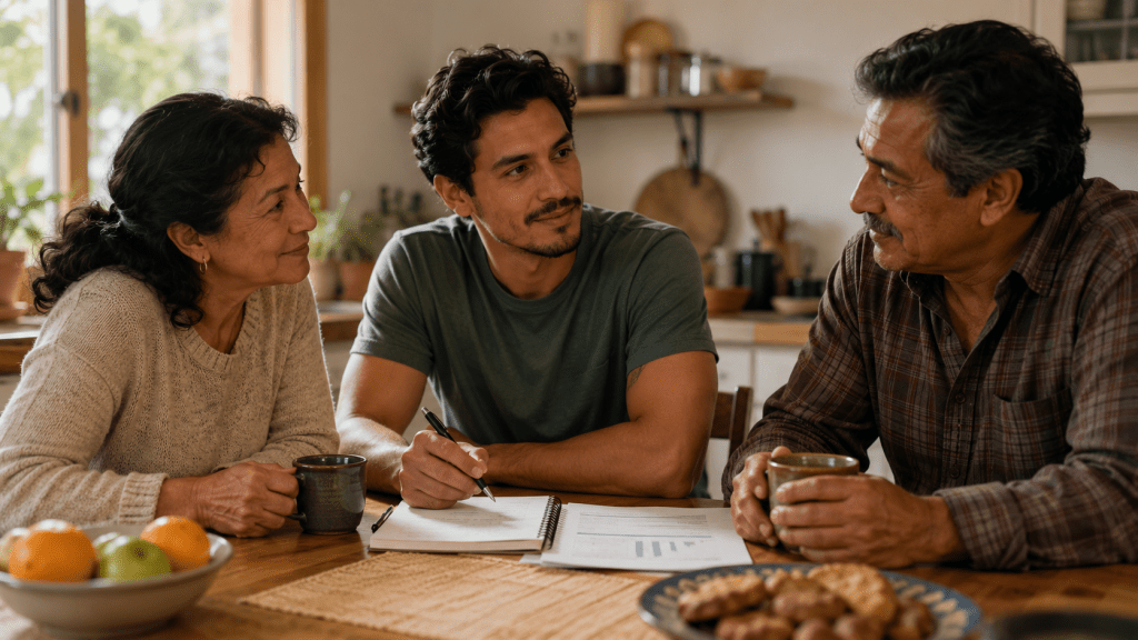An adult son having a calm financial conversation with his supportive parents at their kitchen table.
