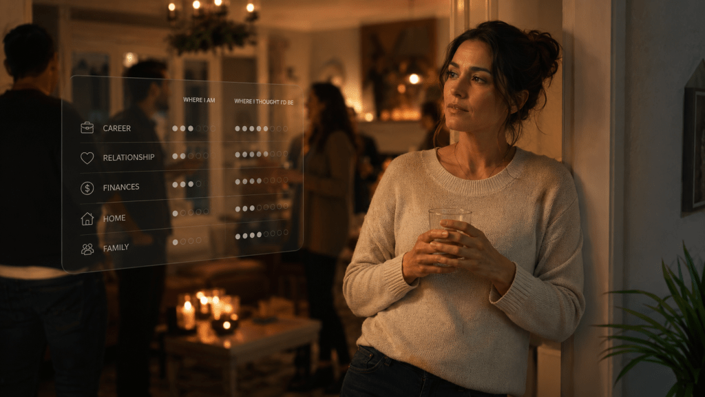 A thoughtful woman standing at a housewarming party while comparing her progress in career, relationships, finances, home, and family with where she expected to be.