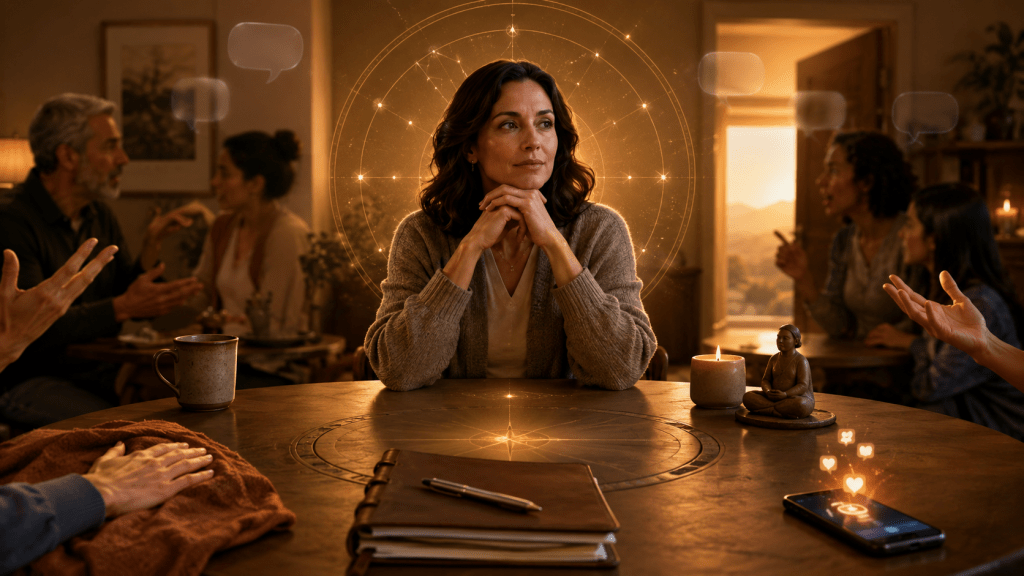 A thoughtful woman seated at the center of a dinner table while family members around her offer advice and opinions, representing discernment and the Signal Council.