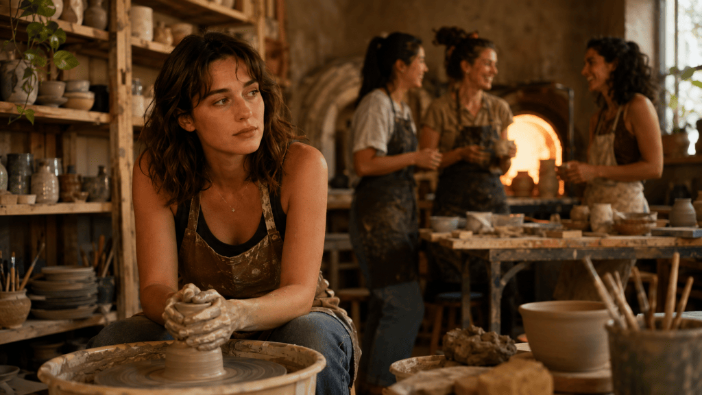A woman in a pottery class feels like an outsider while three other women laugh and work together near a kiln.
