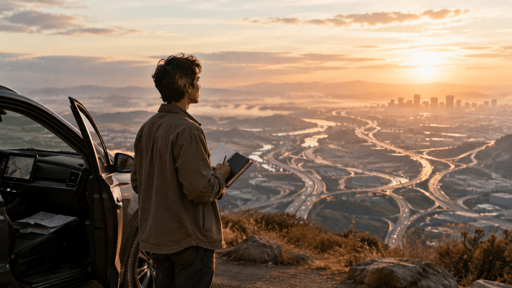 A person standing beside a car overlooking many winding roads toward a city at sunset, representing career uncertainty and finding the next path forward.